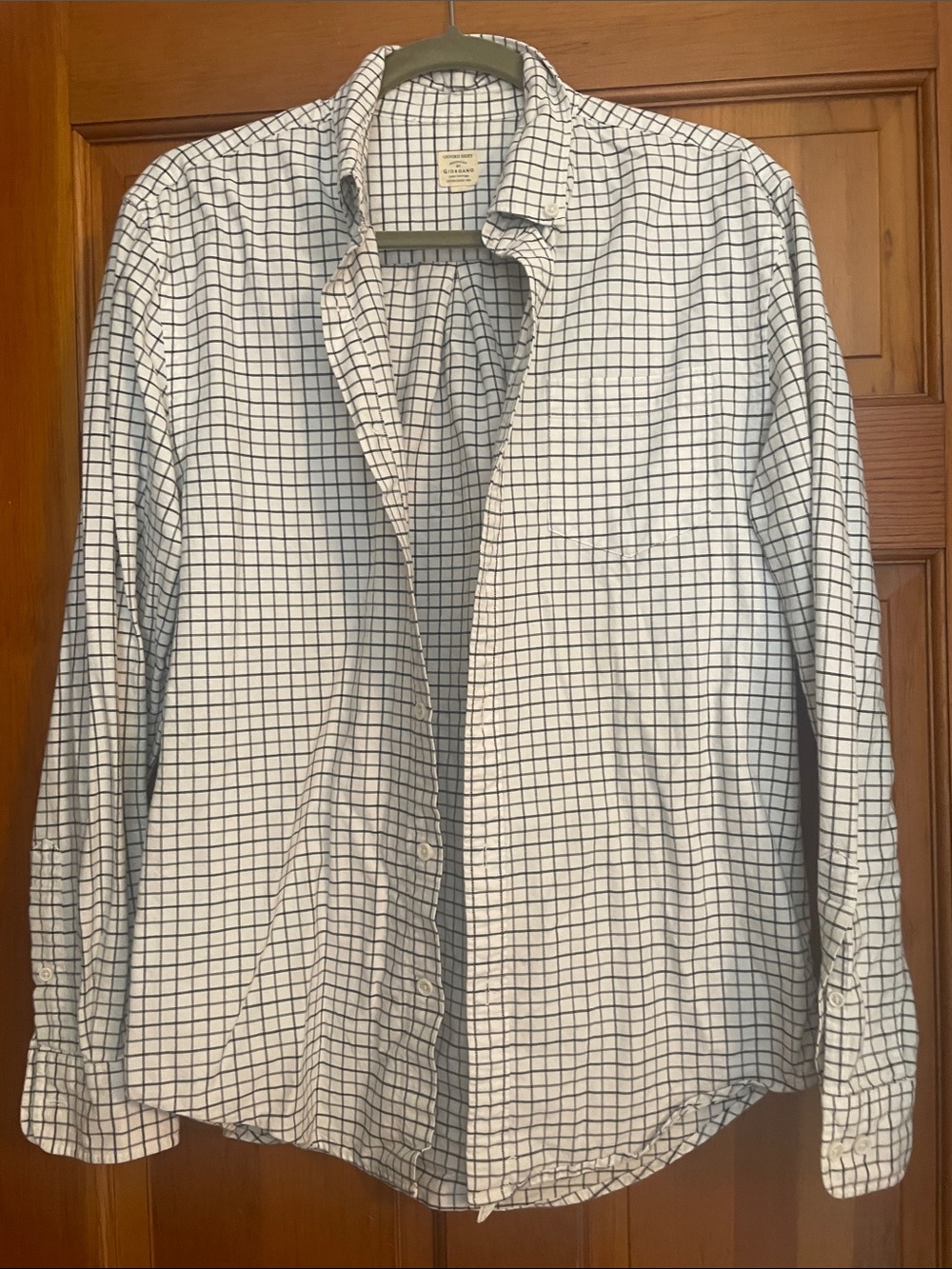 Men's White Checked Button-Down Shirt with Black Grid Giordano Large